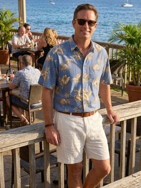 VTG Pierre Cardin Men’s Hawaiian Shirt L Blue Tan Tropical Palm Leaf 100% Cotton